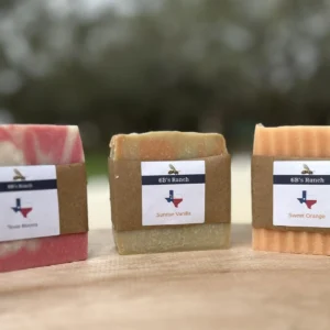 6B's Ranch handmade soap bars in Texas Blooms, Sunrise Vanilla, and Sweet Orange scents