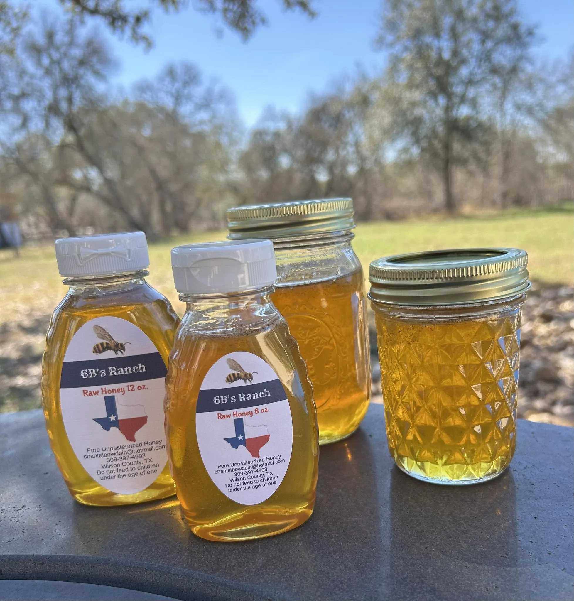 6B's Ranch raw honey in 8 oz and 12 oz bottles and glass mason jars, made in Wilson County, Texas