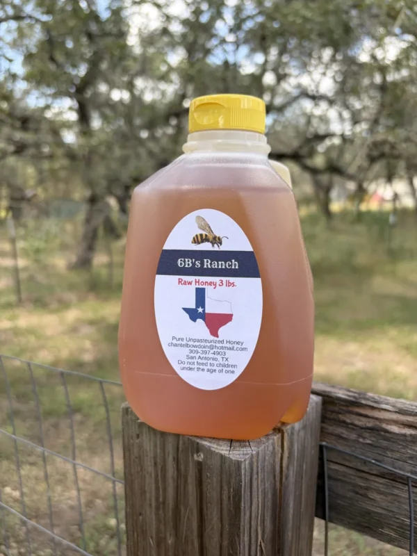 6B's Ranch 3 lbs jug of San Antonio raw honey on a fence post
